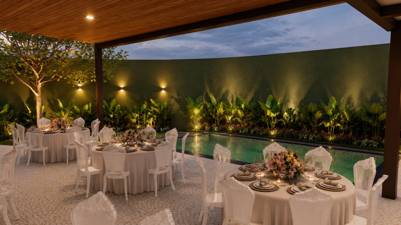 Jardim e piscina do buffet